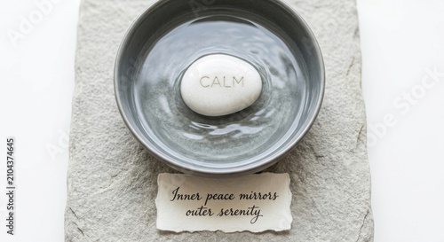 Stone with CALM inscribed in water bowl near inspiring quote