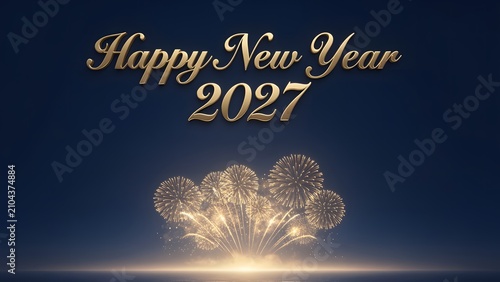 Elegant Happy New Year 2027 greeting card with golden fireworks on a dark blue background.