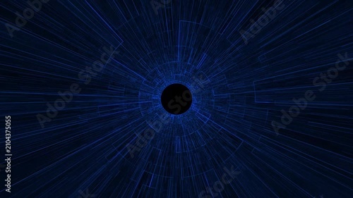 Blue abstract tunnel paths radiate from a dark terminal void. Intense spatial graphics elevate futuristic presentations effortlessly. Elegant blue light lines loop.