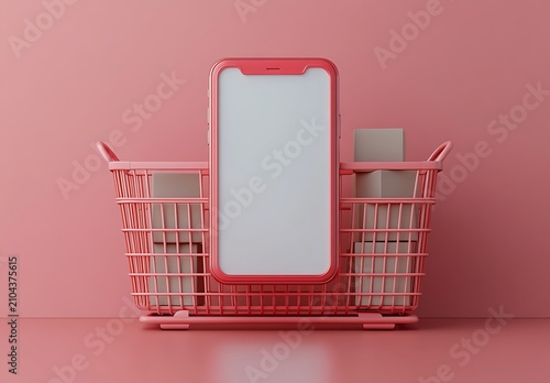 Pink smartphone in a shopping cart with boxes, against a pink background, e-commerce