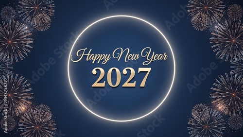 Elegant Happy New Year 2027 greeting card design with glowing fireworks and circular frame.