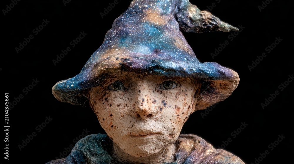 Fototapeta premium Textured Ceramic Wizard Sculpture with Galaxy Hat