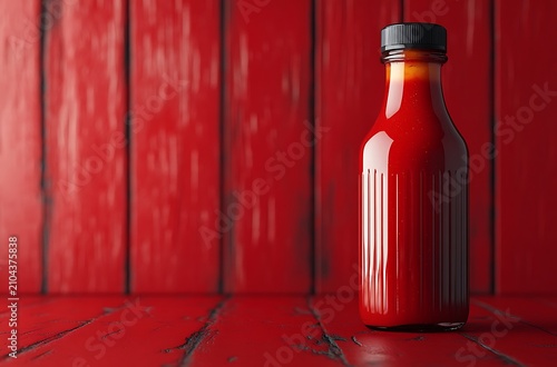 Red glass bottle of ketchup on red wooden table and background, condiment