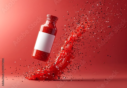 Red juice bottle with white label splashing liquid and ice on red background ice cubes