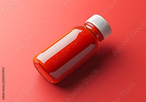 Red liquid in a translucent bottle with white cap on red background shadow