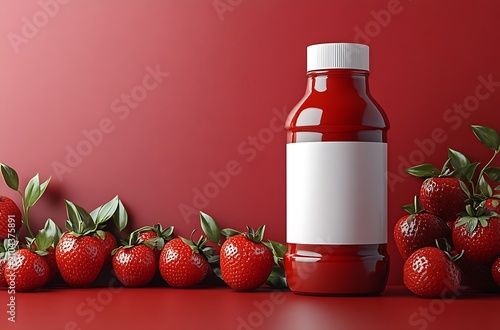 Red plastic bottle with white label, surrounded by strawberries on red background