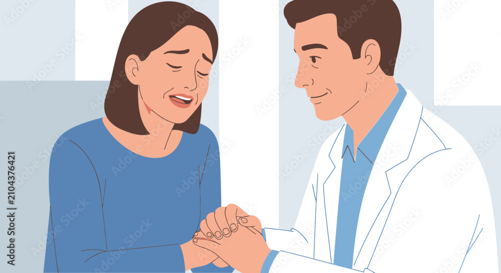 Obraz premium Doctor comforting distressed patient, hands held, empathy in medical care.