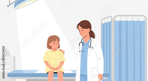 Doctor comforting child in examination room, medical checkup, healthcare scene