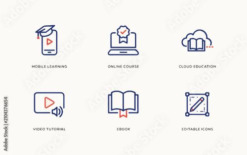 Set of six educational technology icons featuring mobile learning online course cloud education video tutorial ebook editable icons