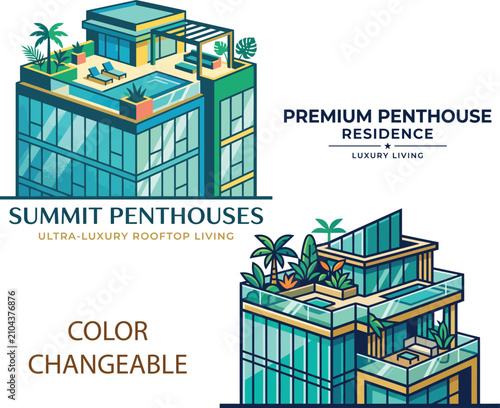 Foto Isometric vector illustration of a luxury rooftop penthouse with a swimming pool and garden