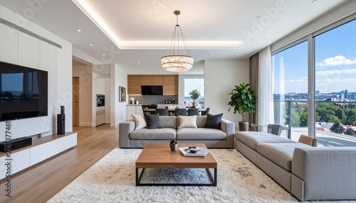 Modern Living Room Interior with Panoramic Views and Stylish Decor.