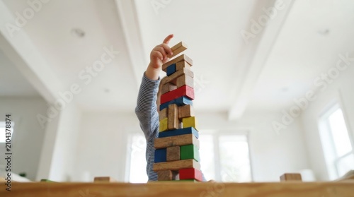 A child's hand places the final block on a tall colorful tower made of wooden building blocks