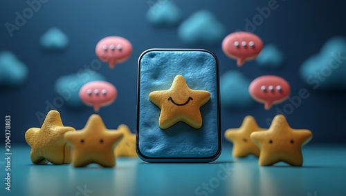 Smiling star on phone screen with stars and chat bubbles smiley face