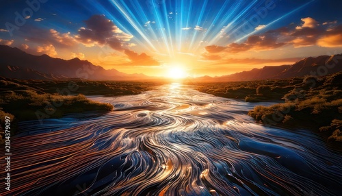 Majestic River Flowing Towards a Radiant Sunset in a Mountainous Landscape.