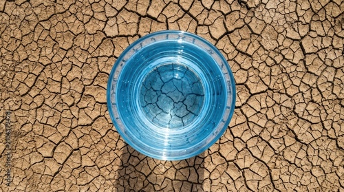 Overhead view of a glass of blue water reflecting cracked dry earth drought dehydration