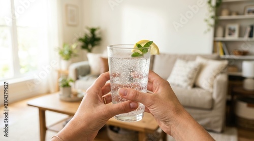 Person's hands holding a refreshing glass of sparkling water with lemon and mint