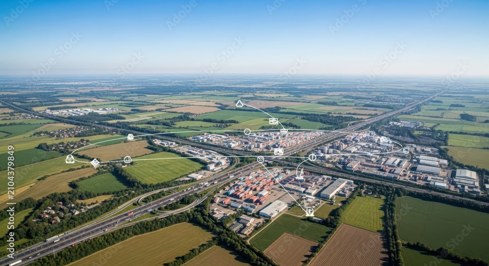 Obraz premium Aerial view of a global logistics and supply chain network connecting urban and rural areas with digital technology overlays
