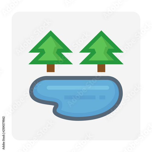 Forest pond vector icon, flat color style. Editable stroke. Natural landscape symbol with evergreen trees and freshwater pond representing woodland, park, wildlife habitat, nature reserve.