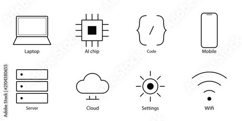 Modern Technology Icons Set — Digital Device, Communication and Smart Tech Symbols for App, Web and UI Vector