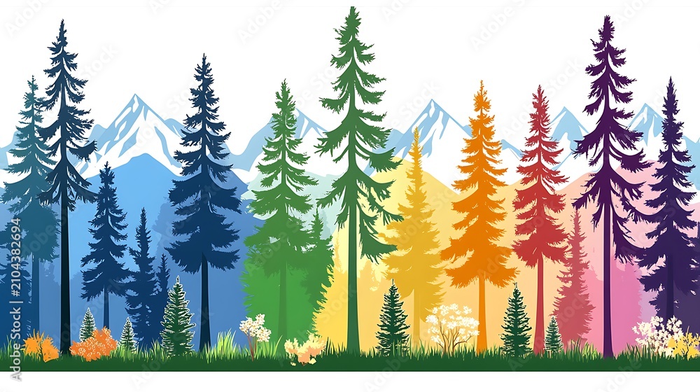 Obraz premium Vibrant Forest Landscape with Mountains and Colorful Trees in Various Hues of Blue, Green, Yellow, Orange, Red, and Purple