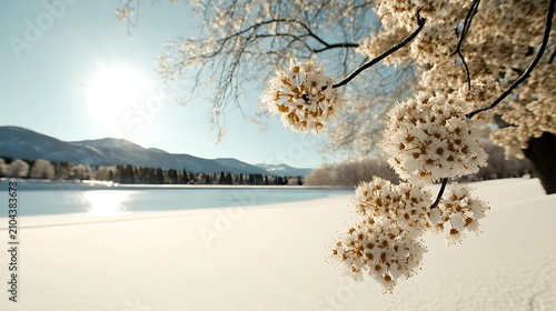 Serene Winter Landscape with Snow-Covered Lake and Blooming White Flowers Against Sunny Sky