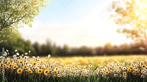 Vibrant Floral Landscape Under a Bright Sky with Sunlight and Greenery in a Serene Natural Setting