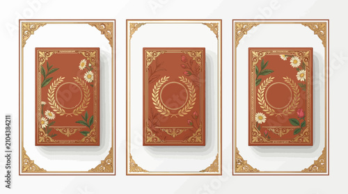 Antique Book Covers with Floral Ornate Borders and Gold Embellishments