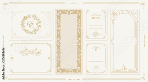Elegant Vintage Wedding Invitation Design Elements - Monogram, Border, Castle