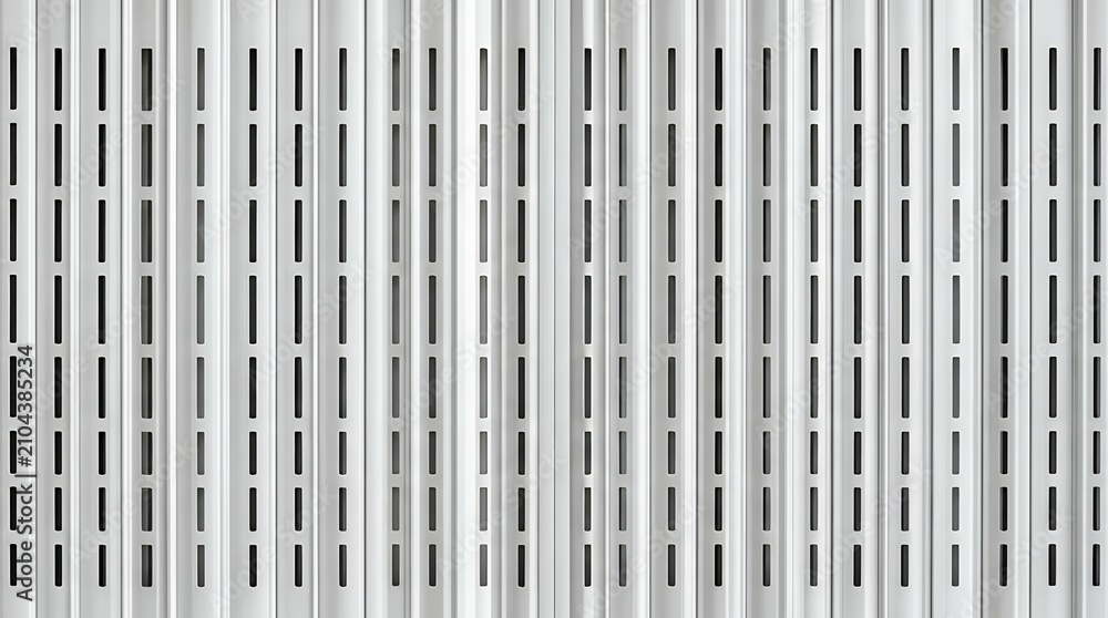 Fototapeta premium Protective White Metal Roller Shutter Door Panel Texture With Slits Creating Repetitive Vertical Pattern shutter roller metal white security texture background pattern door window garage