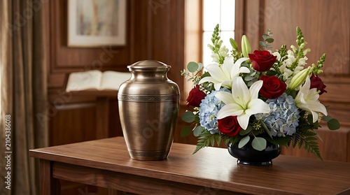 A bronze cremation urn sits on a wooden table next to a floral arrangement with red roses, white lilies, and blue hydrangeas in a funeral home