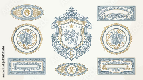 Vintage ornate crests and labels, ornamental design elements, luxurious emblem