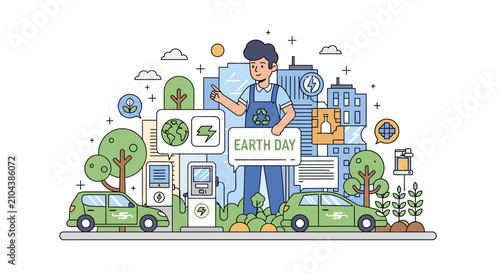 Man holding Earth Day sign with eco friendly cars and city buildings.