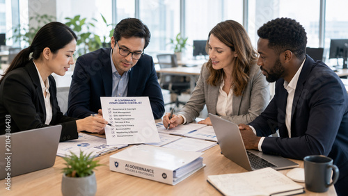 Corporate employees reviewing an AI governance compliance checklist together