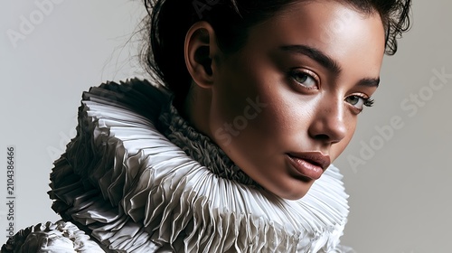close-up portrait of a woman wearing ruffled collar, looking down