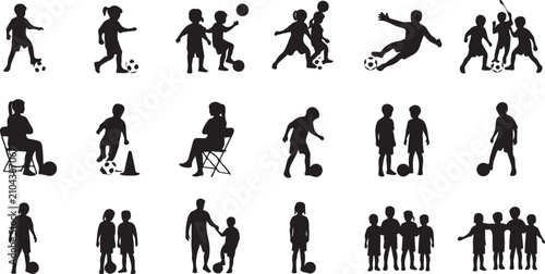 Set of black silhouettes showing children and adults engaged in soccer activities, training drills, and team practice on white background