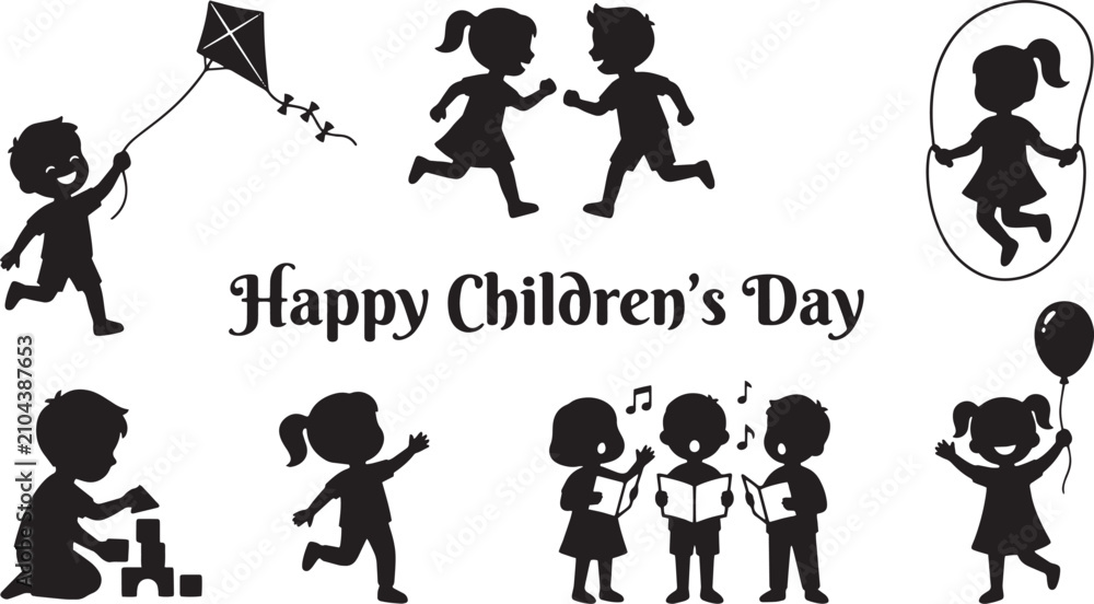 Obraz premium Happy Children's Day vector silhouettes, playful kids playing and singing collection, black childhood activity icons for school and education isolated on Transparent Background
