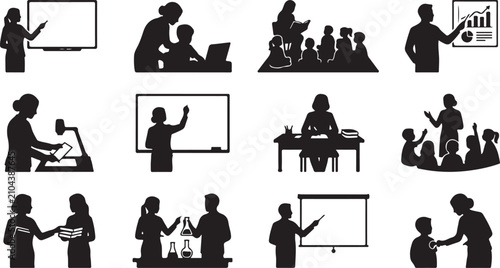 Konstfotografi A collection of black silhouettes showing teachers and students engaged in vario