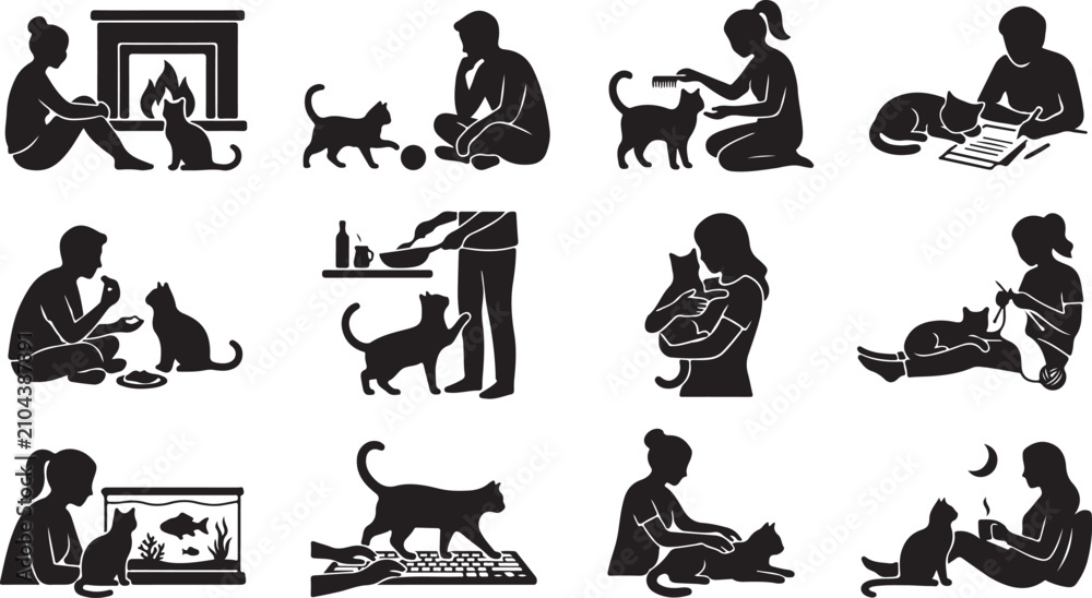 Obraz premium Assortment of black silhouette showing people interacting with pet cats in various domestic scenarios like by a fireplace or working