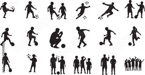Bild auf Leinwand Black silhouettes of children and coaches engaged in soccer practice, ball handl