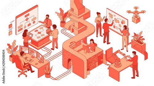 Isometric automated workspace, team collaboration, and logistics workflow in orange line art.