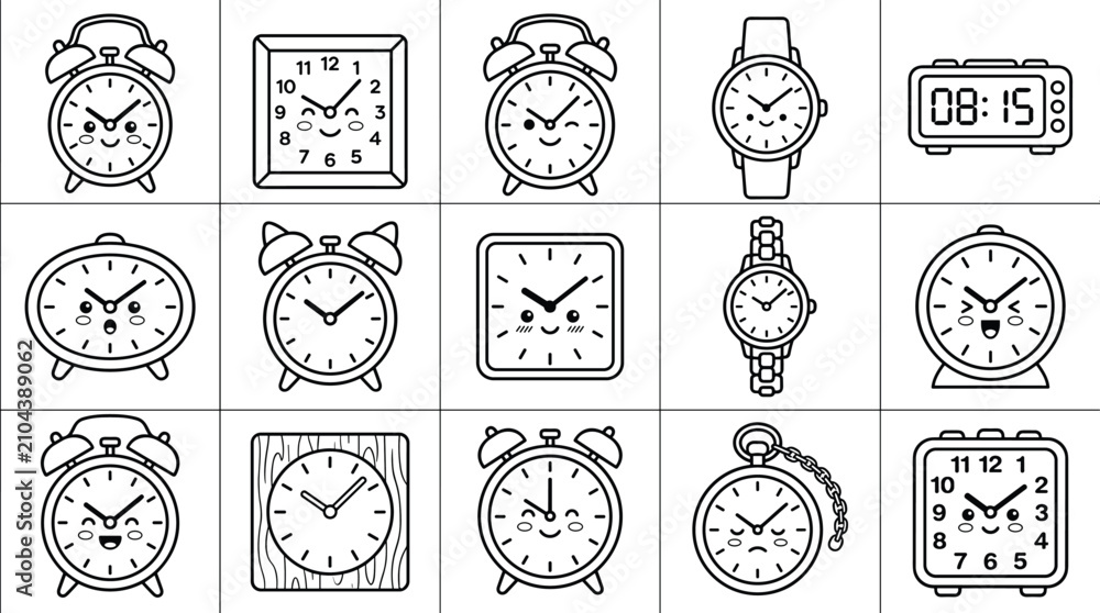 Fototapeta premium Assorted Clocks and Watches Line Art Collection