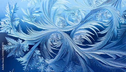 Winter Frost Patterns On Glass Ice Crystals Or Cold Winter Background