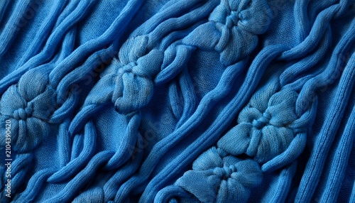 Close Up Of Blue Knitted Fabric With Raised Flower Patterns And Textures