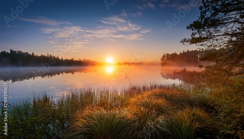 Misty Sunrise Over Calm Lake Water