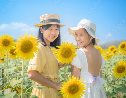 Two joyful teenage girls wearing straw hats in blooming sunflower field