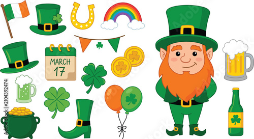St. Patrick's Day Clip Art Set – Leprechaun, Shamrock, Pot of Gold & Irish Party Icons
