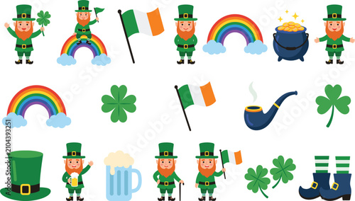 St. Patrick's Day Leprechaun Clip Art Set – Irish Characters, Rainbow, Shamrock & Pot of Gold Icons