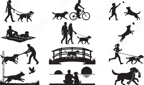 Foto Collection of black silhouette showing people and dogs engaged in various outdoo