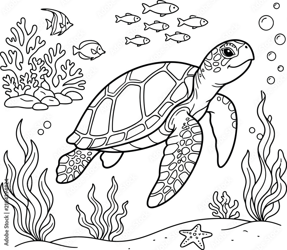 Fototapeta premium A charming black and white coloring page illustration featuring a friendly sea turtle swimming through a vibrant underwater scene with coral reefs and small fish