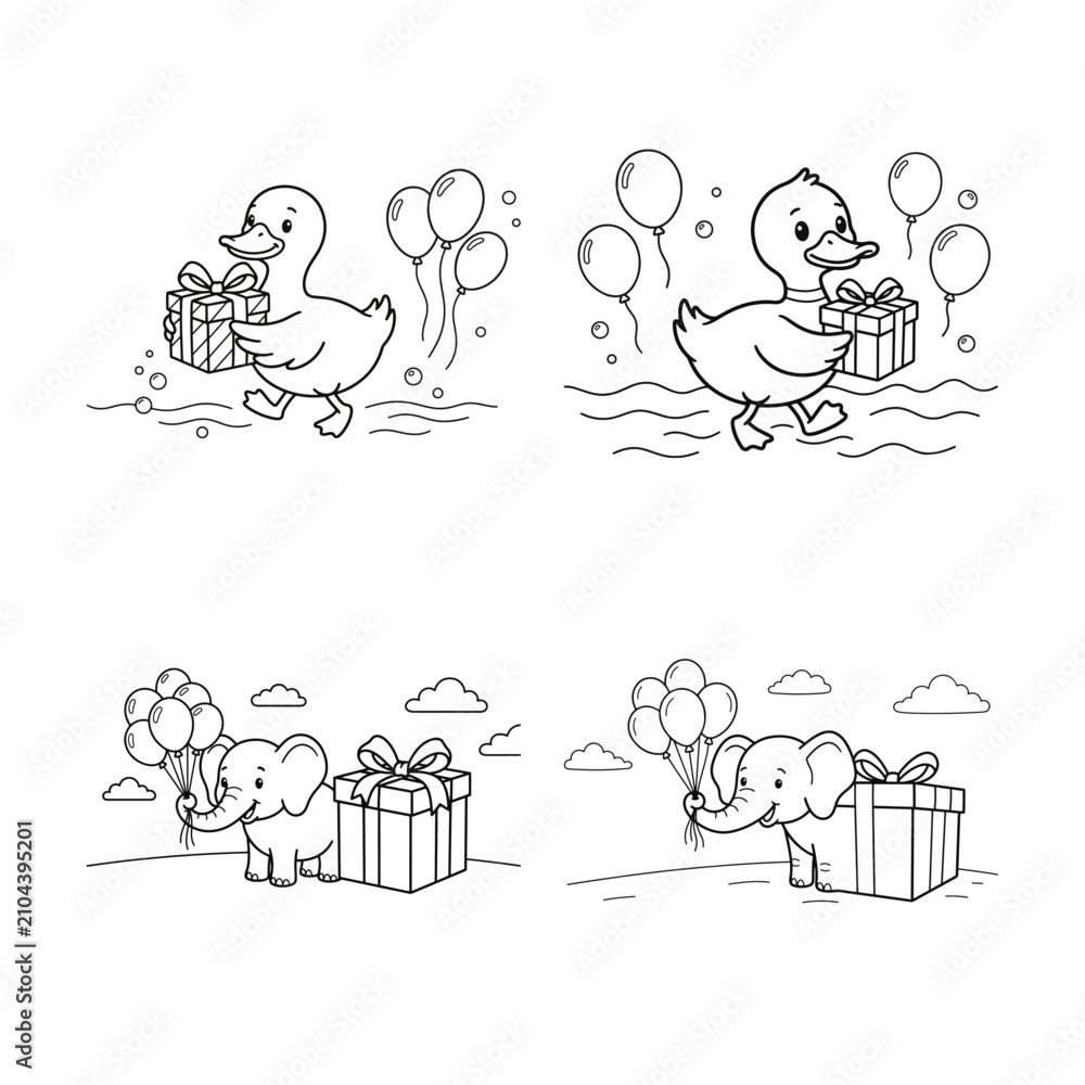 Fototapeta premium Cute duck and elephant with gifts and balloons coloring page set